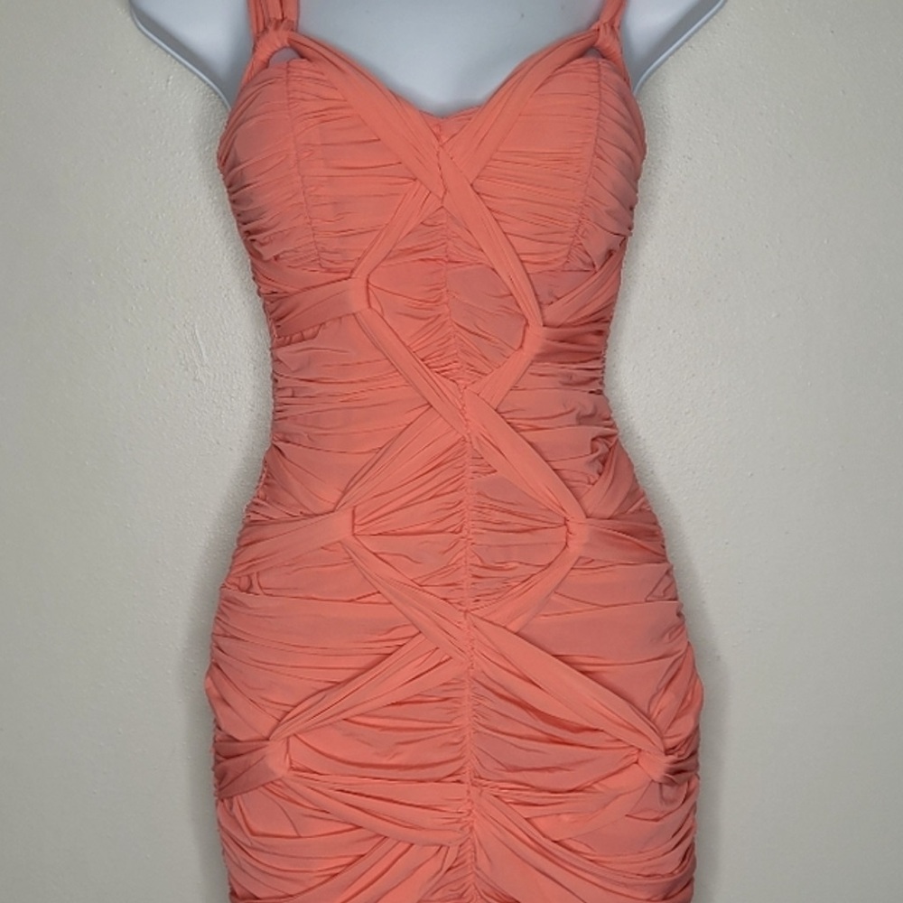 Y2k Bebe Neon Coral Knot Wrap Bodycon Clubbing Rave Party Mini Dress Small
